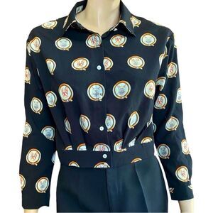 Print Cats & Dogs Shirt Black Top Long Sleeve Blouse Size M